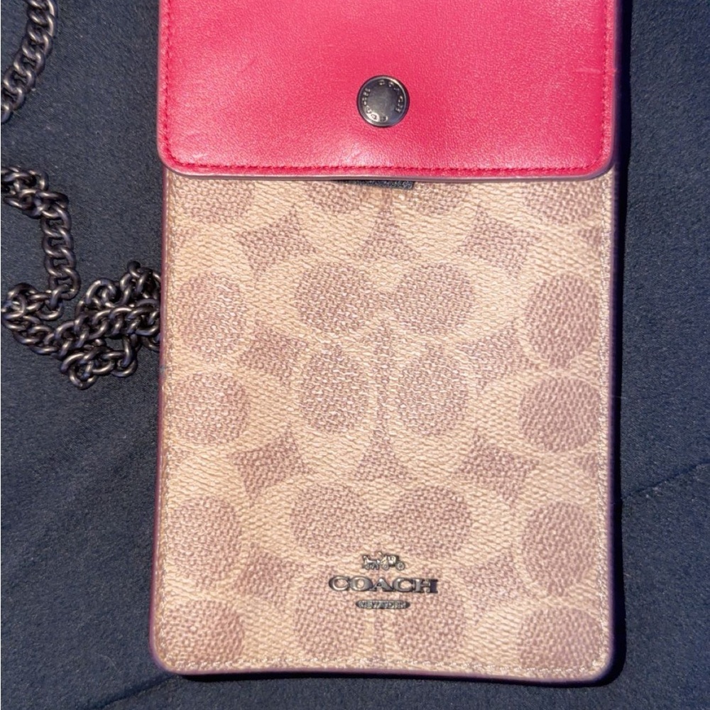 Coach Beige Monogram Crossbody Phone Wallet with Pink Flap